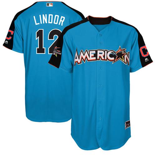 Indians #12 Francisco Lindor Blue All-Star American League Stitched MLB Jersey - Click Image to Close